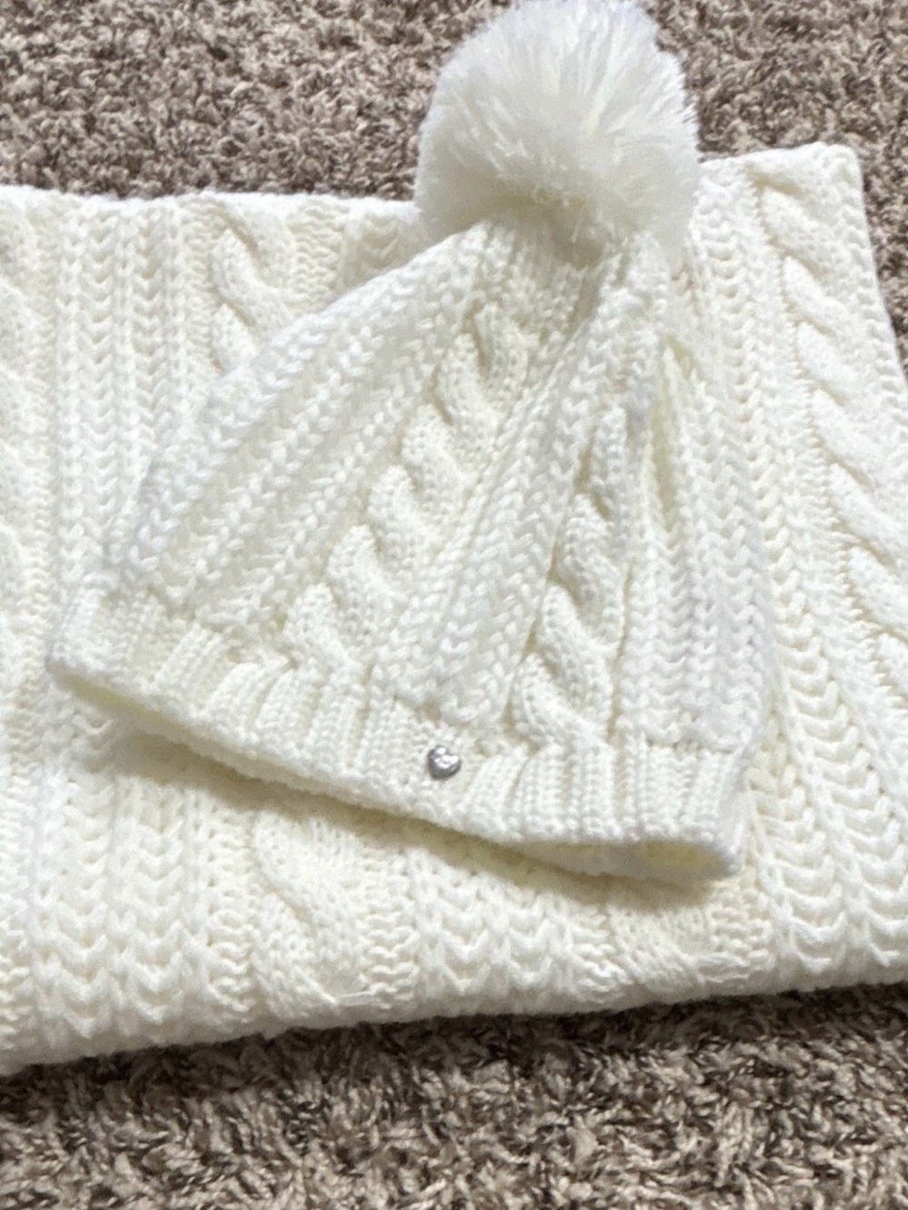 Juicy Couture Cable Knit Pom Beanie & Scarf Set - Cream